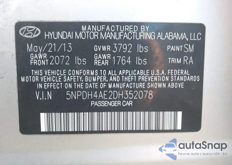 2013 Hyundai Elantra Gls из США, поврежденный, VIN 5NPDH4AE2DH352078